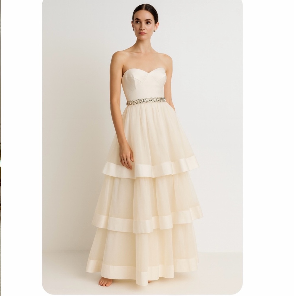Rachel Gilbert Silk Tiered Crystal Embellished Strapless Princess Wedding Gown